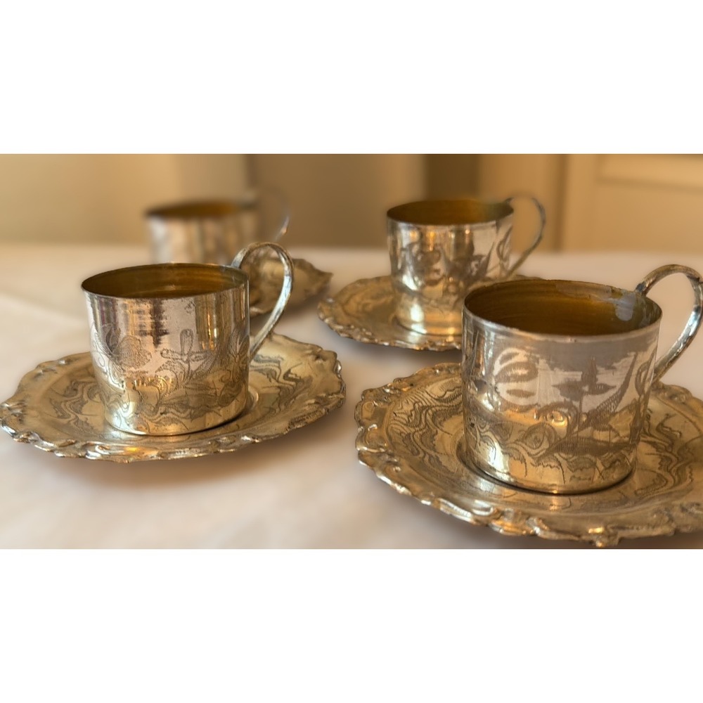 Vintage Tea Glass Holder and Saucer Set of 4 Silver Tone Etched Floral Ornate